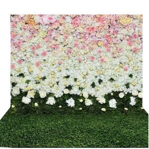 Floral Photography Backdrop – Blossom Flower Wall with Grass Base, 5'W x 6.6'H